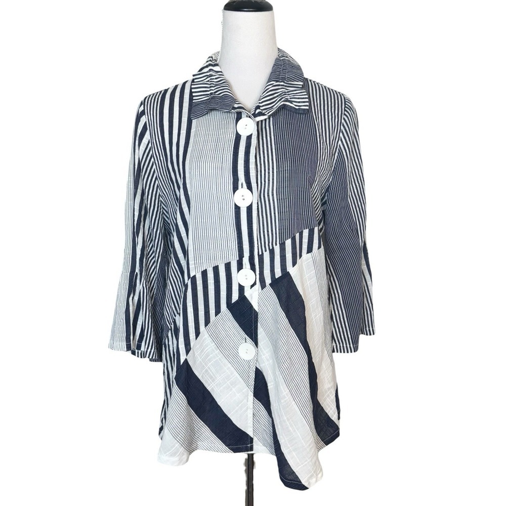 DAMEE Oversized Striped Button Up Shirt Small Wire Collar Blue Lagenlook Artsy